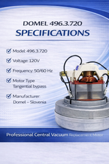Domel Motor 496.3.720 Central Vacuum Replacement Motor – High Performance Suction Motor