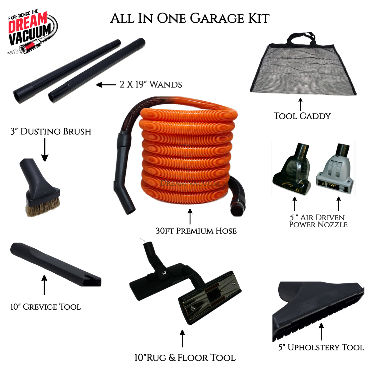 Universal Central Vacuum Garage Tool Set – Lightweight Hose, Rug Tool, and Tool Caddy