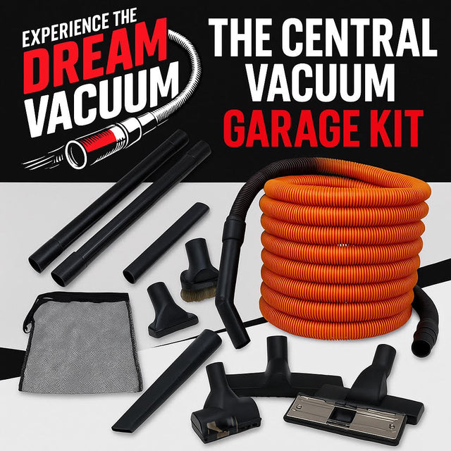 Central Vacuum Garage Kit with Orange Hose, Tools, and Power Nozzle – Ideal for Car Detailing