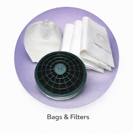Set of bags and filters on a purple background with 'Bags & Filters' text.