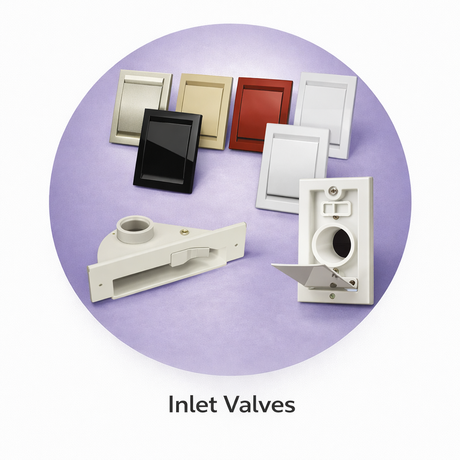 Collection of inlet valves in various colors on a purple background with 'Inlet Valves' text.