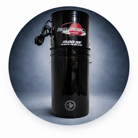 Black vacuum cleaner with visible brand logo on a gray background