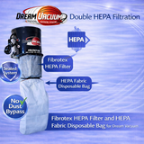 Dream Vacuum double HEPA filtration system with fibrotex HEPA filter and HEPA fabric disposable bag on a blue background.