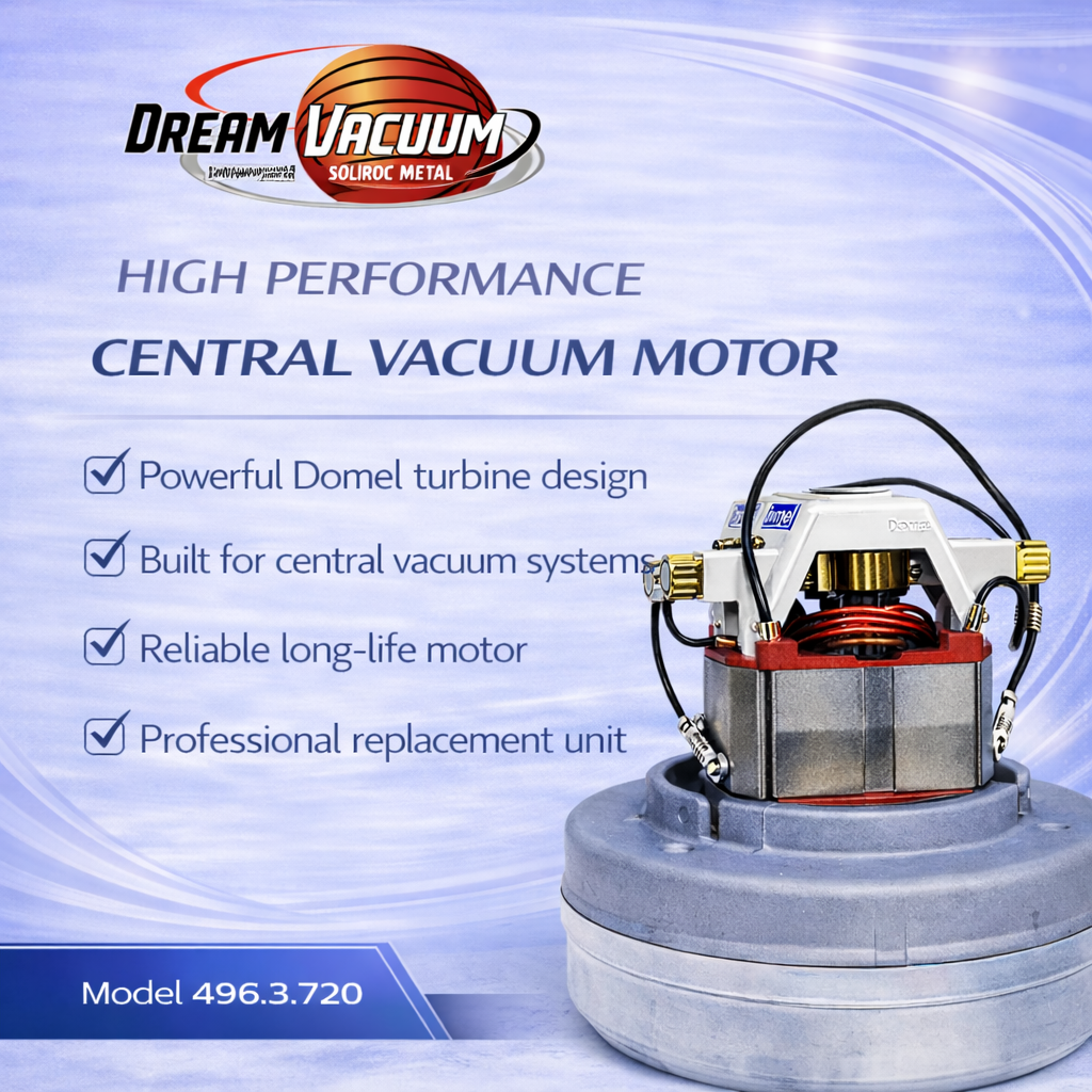 Dream Vacuum high performance central vacuum motor with features listed on a blue gradient background