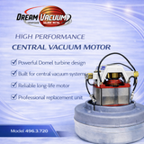 Dream Vacuum high performance central vacuum motor with features listed on a blue gradient background
