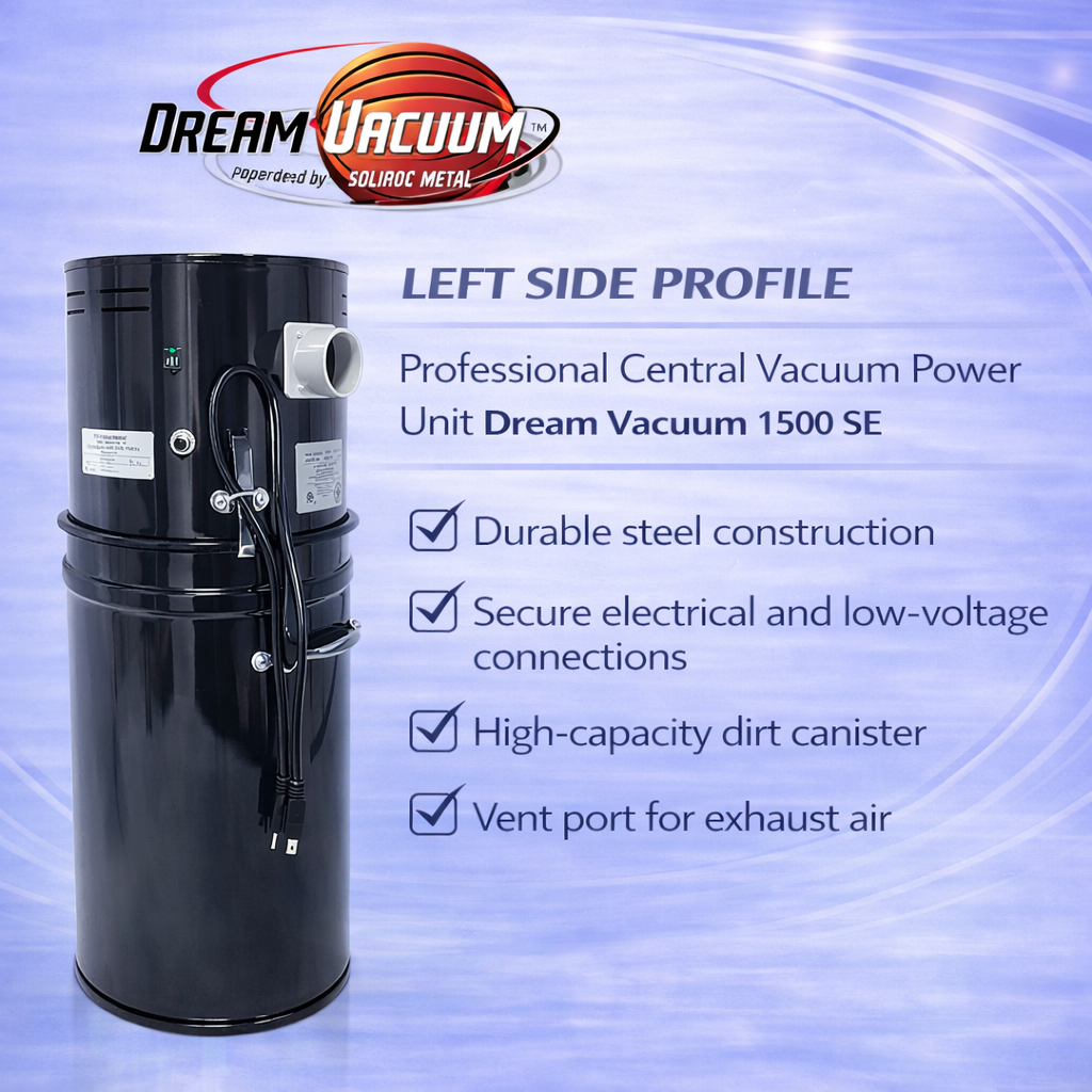 Dream Vacuum 1500 SE central vacuum power unit with features listed on a blue background