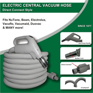 ﻿Central Vacuum Hose 30ft Direct Connect Crush-Proof Light-weight Electric (Grey)